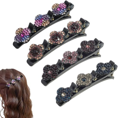 Lot de 4 barrettes à cheveux pour femme avec pierres de cristal scintillantes, trèfle à quatre feuilles, élégantes pinces à cheveux tressées, double couche, accessoires de cheveux tendance pour femme