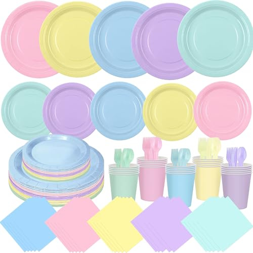 CUUSNNY 200 Pcs Pastel Rainbow Disposable Dinnerware Set, Macaron Color Paper Plates Cups Napkins Plastic Forks Knives Spoons, Pastel Party Tableware Serves 25 Guests
