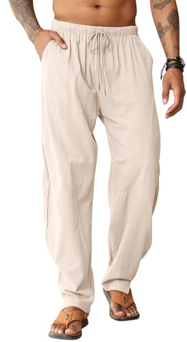 LAOARA Pantalons Homme de Lin Pantalons de Plage Hippy Harem Pantalons Elastique Coton Pantalons