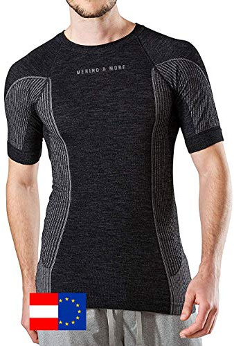 Merino & More Merino Shirt Herren - Premium Funktionsunterwäsche aus hochwertiger Merinowolle - Sport - Funktionsshirt - Kurzarm schwarz-grau Gr. XL