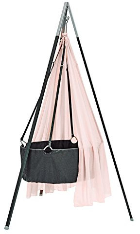Leander Wiege - Babywiege grau inkl. Matratze und Deckenhaken - mit Himmel (Schleier) soft pink + Stativ grau