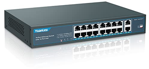 YuanLey 18 Port PoE Switch, 16 PoE+ Port 100Mbps, 2 Uplink Gigabit, 250W Built-in Power, 802.3af/at, Rackmount Unmanaged Plug and Play