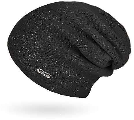 Neverless® Damen Mütze Herbst Strick-Beanie ungefüttert Feinstrick Glitzer Slouch einfarbig Uni schwarz Unisize