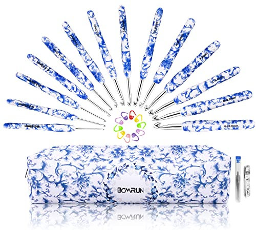 BCMRUN Crochet Hooks Set 14 Size Blue and White Porcelain Pattern Crochet Hooks with Case for Arthritis Hands, 2.25mm(B)-10mm(N) Crochet Needles for Beginners, Mothers Day Gift, Crochet Lovers (Azure)