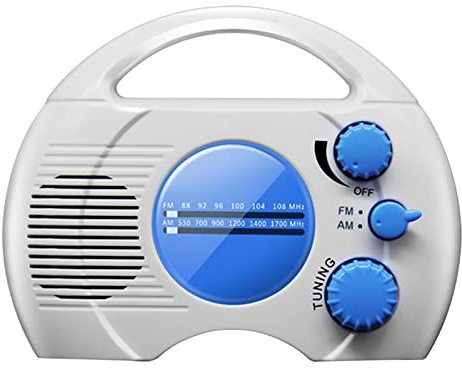 Portable AM/FM Shower Radio, Waterproof Hanging Radio with Built-in Speaker, Adjustable Volume, Battery Operated for Bathroom, Kitchen, Outdoor (Blue+White)
