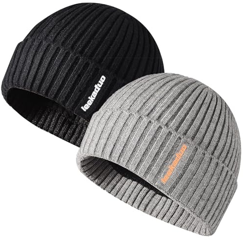 JFAN Gorro Hombre de Punto Forro Polar Gorro Beanie con Bordes Enrollados Gorros Invierno para Hombre Mujere,Negro + Gris Talla única