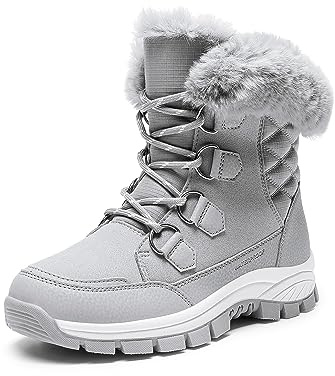 DREAM PAIRS Waterproof Snow Boots for Women, Faux Fur Cozy Warm Insulated Winter Boots Lace Up Mid-Calf Outdoor Shoes for Walking Hiking Hespera,Size 8,Light Grey,SDSB2305W