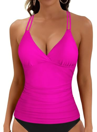 Hilor Women's Hot Pink V Neck Tankini Top Swimwear with Underwire Bra Support Sexy Crossback Push Up Swim Bathing Suit Top 18