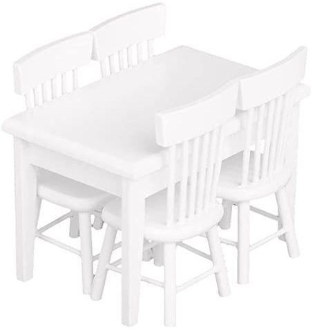 Muebles de casa de muñecas, Comedor en Miniatura, Silla de Mesa Blanca, casa de muñecas, Elegante Mini Juego de Muebles de Madera portátil para niñas, 5 Piezas