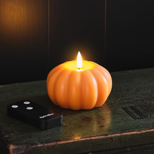 Lights4fun TruGlow® Bougie sans Flamme en Forme de Citrouille à LED Blanc Chaud à Piles en Cire Véritable Orange avec Minuterie et Télécommande Décoration d'Halloween et d'Automne pour Intérieur