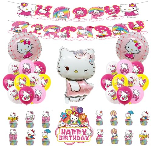 Juego de 36 Piezas para Fiesta de Cumpleaños con Temática de Gatito - Kit de Decoración Rosa con Globos y Adornos para Tarta
