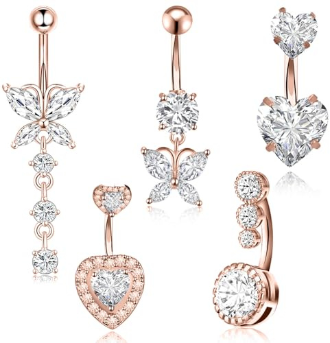 RUGBOL 5 Pcs Belly Button Bars, Belly Bar Gold Button Piercing Titanium Belly Bars Sterling Butterfly Heart Stainless Steel Belly Bars for Women (Rose Gold)