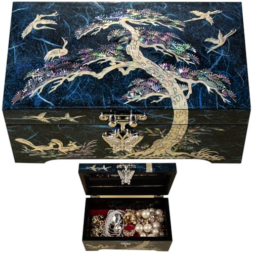 BinNADA Mother of Pearl Vintage Jewelry Box Trinket box with lid Asian Pine Tree Abalone Shell Holder Unique Oriental decor jewellery storage Korean gift (Blue)