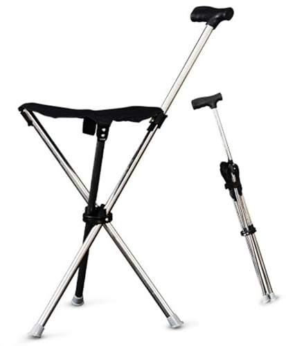Tabouret pliable avec siège – Canne légère 2 en 1 pour personnes âgées – Hauteur réglable, design antidérapant – Supporte 150 kg – Facile à transporter