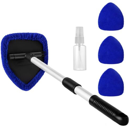 Car Windscreen Cleaner Car Window Cleaner with Extendable Long Handle and 4 Washable Reusable Microfiber Pads, Windshield Cleaning Tool, Auto Interior Exterior Glass Wiper Kit Office Home (Blue)