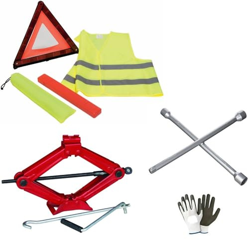 COMPATIBILE CON SANTANA KIT SOS EMERGENZA STRADALE PER AUTO CRIC A PANTOGRAFO CRICK+CHIAVE A CROCE PER BULLONI+TRIANGOLO DI EMERGENZA+GIUBBINO FLUO