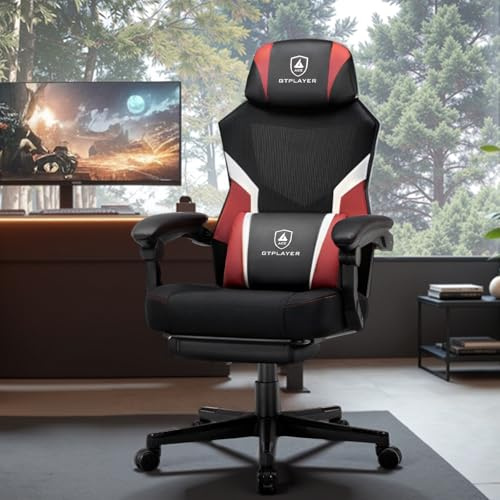 GTPLAYER Silla Gaming con Reposapiés, Silla de Oficina Ergonómica con Respaldo de Malla, Silla de Juego de Tela para Hogar y Oficina (Rojo)