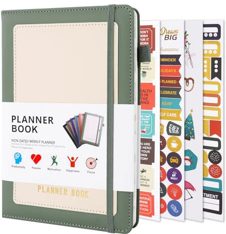 Agenda Settimanale A5, Weekly Planner non Datata Pianificatore Settimanale Copertina Rigida in Pelle PU Diario Accademico con Adesivi e Segnalibro per l'Ufficio scolastico Verde