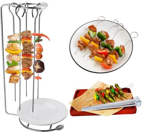 LOYANOCT Estante colgante de acero inoxidable, soporte vertical para pinchos para barbacoa, juego de 5 pinchos planos para asar brochetas con soporte para brochetas, palos de barbacoa reutilizables
