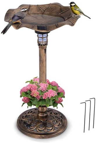 COSTWAY Mangiatoia per Uccelli Solare da Esterno, Bagno per Uccelli con Piedistallo e Ciotola a Forma di Foglia di Loto, Fioriera, Lampada Solare, Decorazione Vintage (Bronzo)
