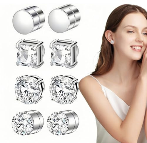 Tomedeks 4 Paia Orecchini Magnetici, Senza Piercing, Donna e Uomo, Design Quadrato e Circolare, Argento Polito