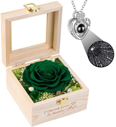 PatNlevs Regalos Originales para Mujer Madre, Regalo Dia de la Madre, Rosa Eterna Natural con Collar, Regalo de Cumpleaños para Mama Madre Novia Esposa (Verde)