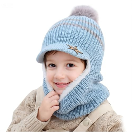 AYPOW Kids Winter Warm Hat Baby Balaclava For 2-6 Years, Windproof Knitted Hat Scarf Set Thermal Fleece Lined with Pom Pom, Toddler Hat Neck Warmer Snood Beanie Cap Boys Girls for Outdoor Activities