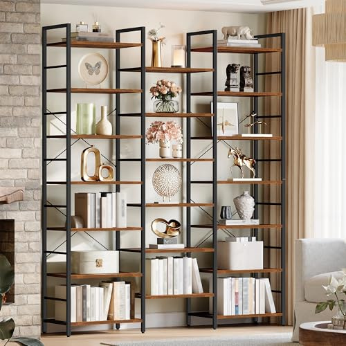 Hzuaneri Scaffale a 7 Ripiani, Libreria a Stelo con 20 Ripiani, Distanza Regolabile, 24 x 152 x 217 cm, Struttura in Metallo, per Soggiorno, Camera da Letto, Ufficio, Marrone Vintage e Nero BC17101B