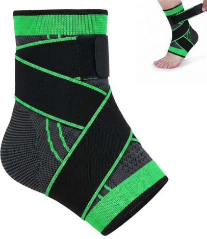 Ankelbandage fotledsbandage med justerbar rem, 3D-stickat fotbandage för stabilisering och smärtlindring, ankelbandage för sport och vardag, L (37–42), svart-grön