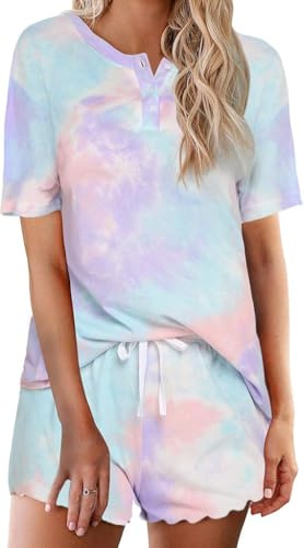 Ekouaer Pajamas Set for Women Short Sleeve Lounge Set 2 Piece Loungewear PJs Soft Cute Lightweight Sleepwear,A-Tie Dye Pink Blue Purple,Large