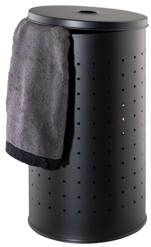 Wäschekorb mit Deckel und Luftlöchern - Edelstahl - Schwarz - 37 L - Ø 29 cm - 54 cm hoch - Wäschetonne Wäschesammler Wäschebox Wäschetruhe