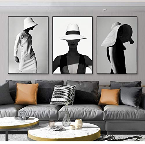 dsdsgog Sombrero blanco negro elegante mujer retrato arte lienzo pintura carteles nórdicos e impresiones imágenes artísticas de pared para decoración de habitación de cama 50x70cmx3 sin marco
