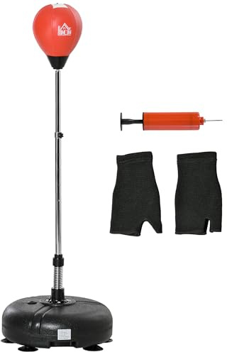 HOMCOM Saco de Boxeo de Pie con Altura Ajustable en 4 Niveles de 133-151 cm, Saco de Boxeo con Base Rellenable, Guantes e Inflador, para Adultos y Adolescentes, Negro y Rojo