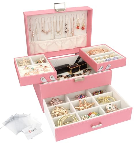 Casiwaft Caja joyero de 3 Niveles con Cajones y Cerradura, Caja para Joyas, Caja organizadora con bandejas, Organizador de Joyas para Pulseras, Pendientes, Anillos, Collares, Dia de la Madre, Rosa