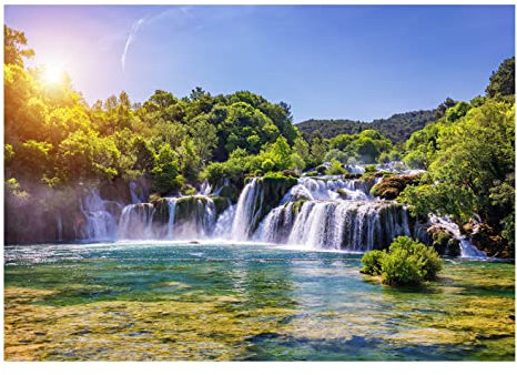 Papel Pintado Cascada Efecto 3D Paisaje Verde Naturaleza Bosque Agua - Incluye Pegamento - Fotomurales Pared Tejido No Tejido Decorativos Murales Fotográfico XXL Decoración de Paredes (368x254 cm)