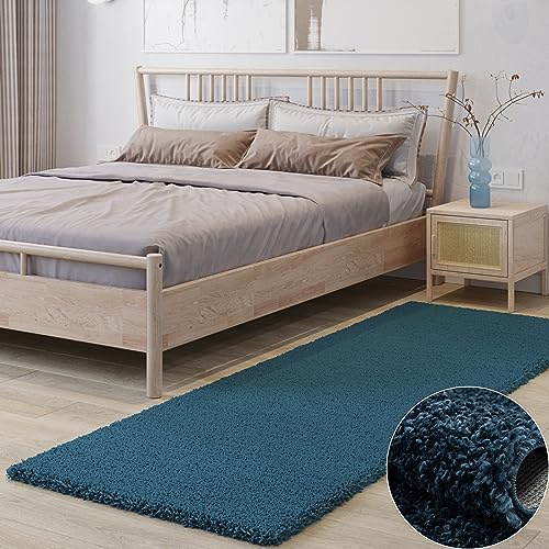 MY-RUG Shaggy Star kuscheliger Langflor Teppich, Rutschhemmende Unterseite, extra Langer Hochflor 37 mm, Pflegeleicht, Super Soft, Felloptik, dunkelblau, Navy, Marine, Läufer 300 x 80 cm