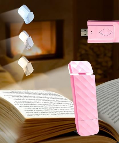 Runesol Pink Book Light Clip On, 5 LED Rechargeable Reading Light, 3 Eye Protecting Modes for Reading at Night and Books in Bed, USB 80 Hours Charge Portable Clip on Lights, Book Lover Gifts