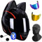 Bluetooth-Integral-Motorradhelm Mit Katzenohren Für Damen, Linsen-Gesichtsmaske/Motorradhelme Für Männer Und Frauen, Katzenhelm Mit Ohren, ECE-Zugelassener Helm C, XL(60~62cm)
