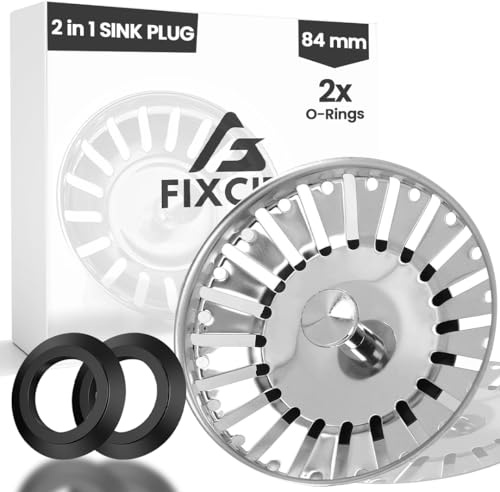 Fixciti 84mm/1Pc Sink Strainer UK Plug - Stainless Steel, Anti-clog Kitchen Sink Plug Replacement With 2 Rubber Seals - Dual Functional Sink Drain Strainer - Food Catcher, High Flow Strainer