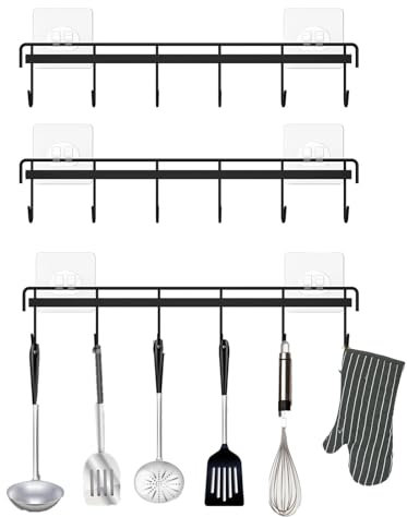 FULUDM 3 Stück Hakenleiste für Küchenutensilien - Küchenutensilienhalter Wand Küchenhalterung Küche Organizer mit 6 Haken Ohne Bohren Selbstklebend Schwarz