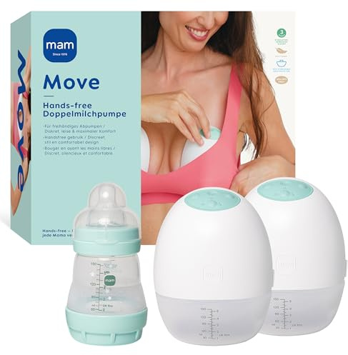 MAM Move Doppelmilchpumpe, Handsfree Milchpumpe ohne Schläuche oder Kabel passt dank ihres schlanken Designs in jeden BH, elektrische Milchpumpe mit 3 Modi für effizientes & diskretes Abpumpen