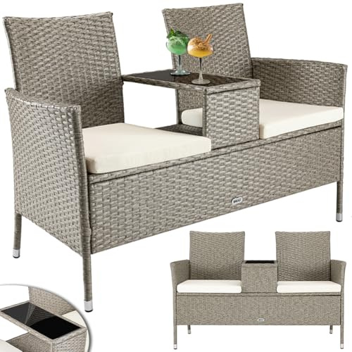 BAKAJI Panchina da Giardino in Polyrattan con Tavolo Integrato e Cuscini, Panchina 2 Posti da Esterno Resistente Ai Raggi UV e alle Intemperie, Panca Divano Ripiano Vetro 123 x 54 x 82.5 cm (Crema)