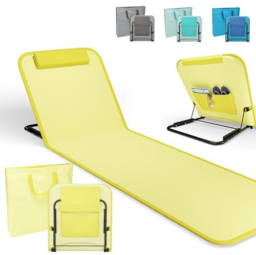 Onbest Bequeme Strandliege 165 cm lang - mit Verstellbarer Rückenlehne und Liegekissen – praktisches Staufach – Strandmatte klappbar – Leichter Transport – inkl. Tragetasche - Strandmatte (Gelb)