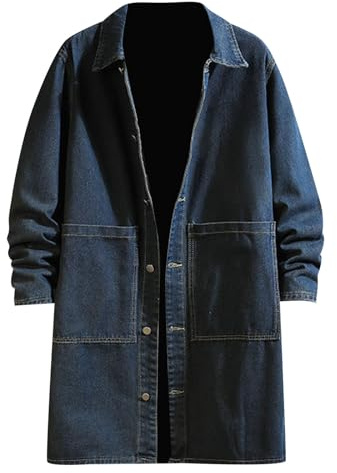 Generisch Loisirs Jeans Vestes d'été Hommes Hiver Décontracté Denim Trench Coat Long Manteau en Jean Veste Transition Coton avec Poches (Bleu, L), bleu, L