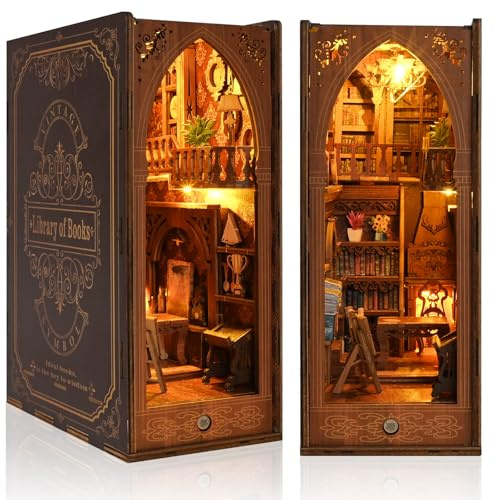 Blumåtta DIY bok Nook Kit – bibliotek för böcker, miniatyr dockhus byggsats med LED-ljus, 3D-pusselbokstöd av trä, kreativ presentidé för vuxna och tonåringar från 14 år