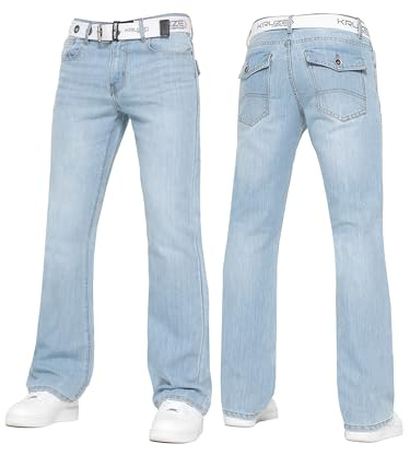BRAND KRUZE Mens Bootcut Jeans Casual Flared Wide Leg Free Belt Stylish Fashion Denim Trouser Pants KZ115 Light Blue 42W / 30L