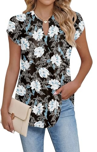 Cuptacc Haut Femme Chic et Elegant Tee Shirt Ete Noir Blanc Floral S 34-36