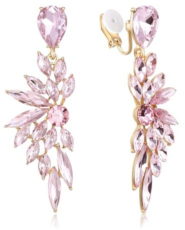 Clearine Pendientes de clip para mujer, deslumbrantes piedras de strass brillantes en forma de marquise, clúster de hojas, pendientes colgantes para boda, fiesta, graduación, joyería, Cristal