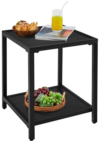 Yaheetech Doppelschichtiger Gartentisch Beistelltisch aus Latten Quadratischer Kaffeetisch aus Metall für Draußen Outdoor-Tisch 45×45×54 cm Schwarz