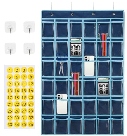 Tableau de poche à 36 poches transparentes pour salle de classe, support de calculatrice avec autocollants et crochets, sac de rangement à suspendre pour la maison et la salle de classe